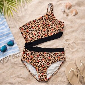 NWT Submarine Swim Girls Heart Cheetah One Shoulder Cutout Bathing Suit 14